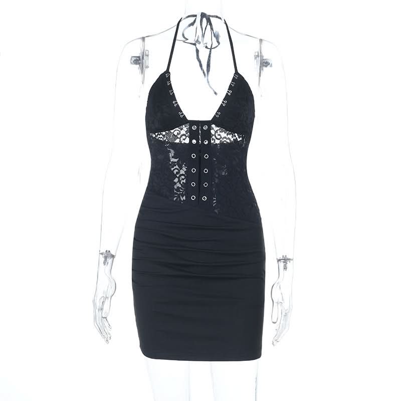 Siren Chic: Black Lace Halter Mini Dress with Corset Details – Your Go-To for Fall Nights & Party Season