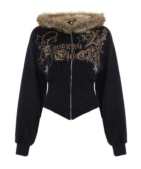 Y2K New Yorker Faux Fur Zip Hoodie - Embellished Corset Waist Grunge Fall Jacket for Women