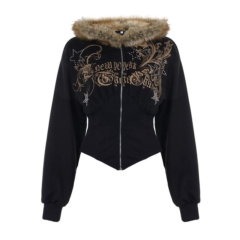 Y2K New Yorker Faux Fur Zip Hoodie - Embellished Corset Waist Grunge Fall Jacket for Women