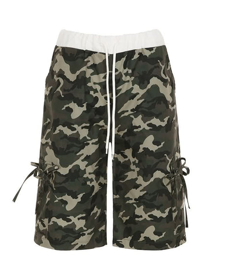 Women's Urban Camo Cargo Shorts | Chic Drawstring Bermuda with Tie Pockets for Fall