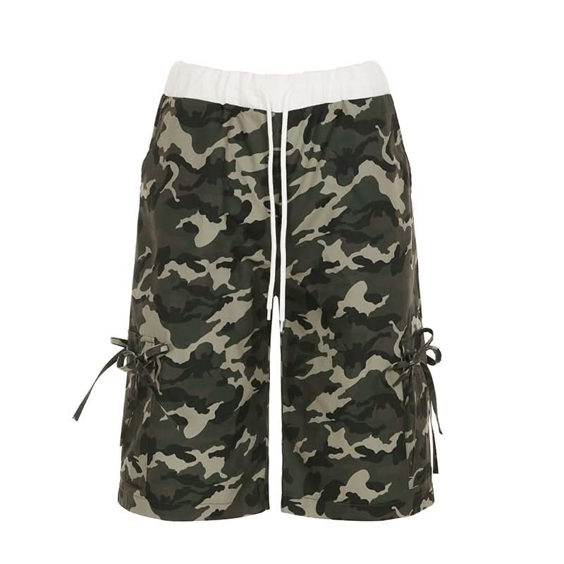 Women's Urban Camo Cargo Shorts | Chic Drawstring Bermuda with Tie Pockets for Fall