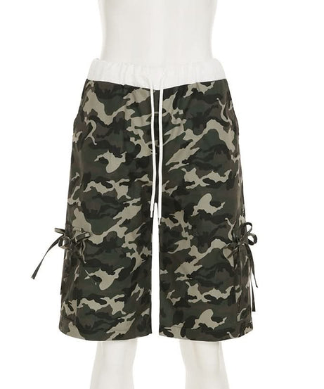 Women's Urban Camo Cargo Shorts | Chic Drawstring Bermuda with Tie Pockets for Fall