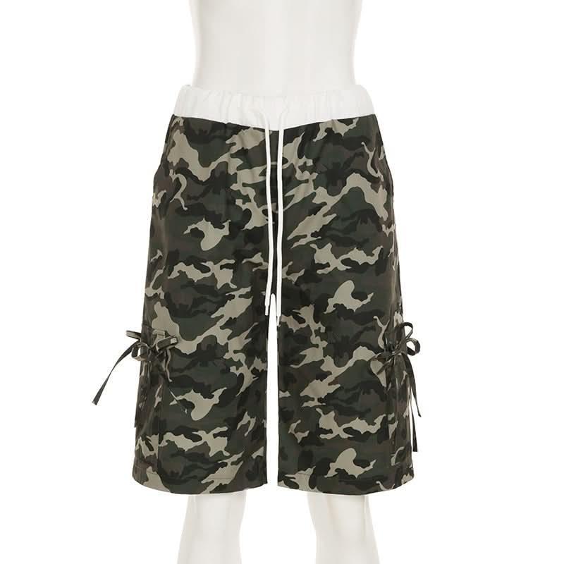 Women's Urban Camo Cargo Shorts | Chic Drawstring Bermuda with Tie Pockets for Fall