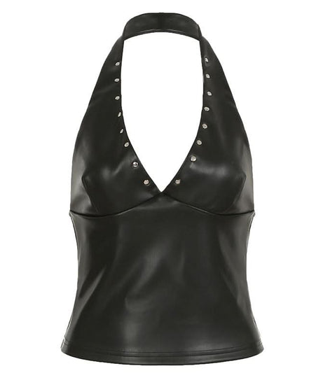 Fall's Hottest Edge: Studded Faux Leather Halter V-Neck Top