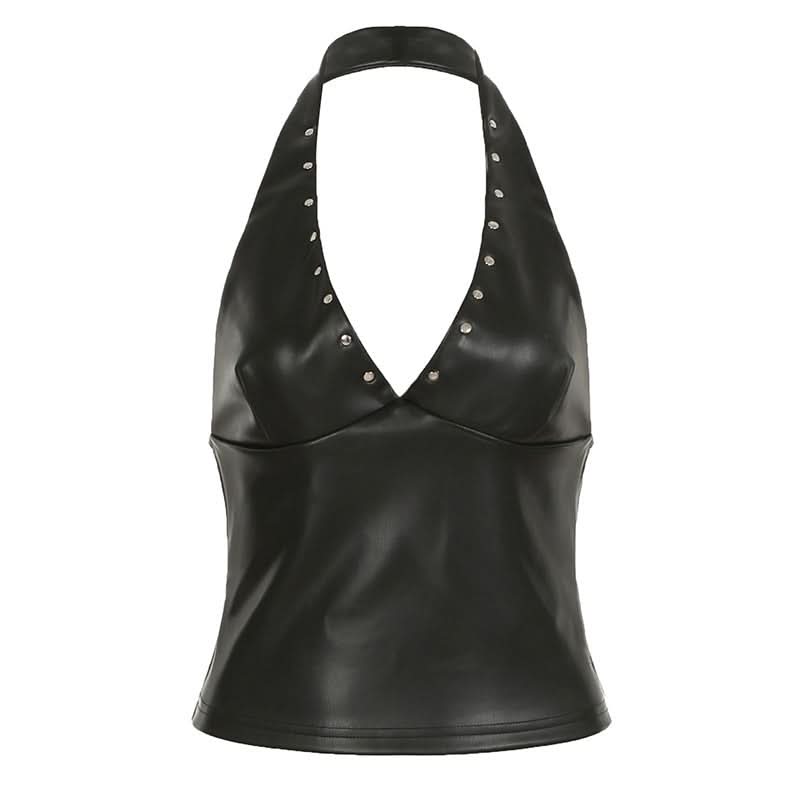 Fall's Hottest Edge: Studded Faux Leather Halter V-Neck Top