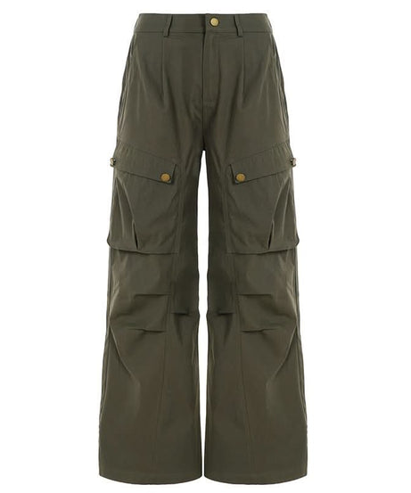 Elevated Olive Green Wide-Leg Cargo Pants - Pleated Utility for Fall Fashion