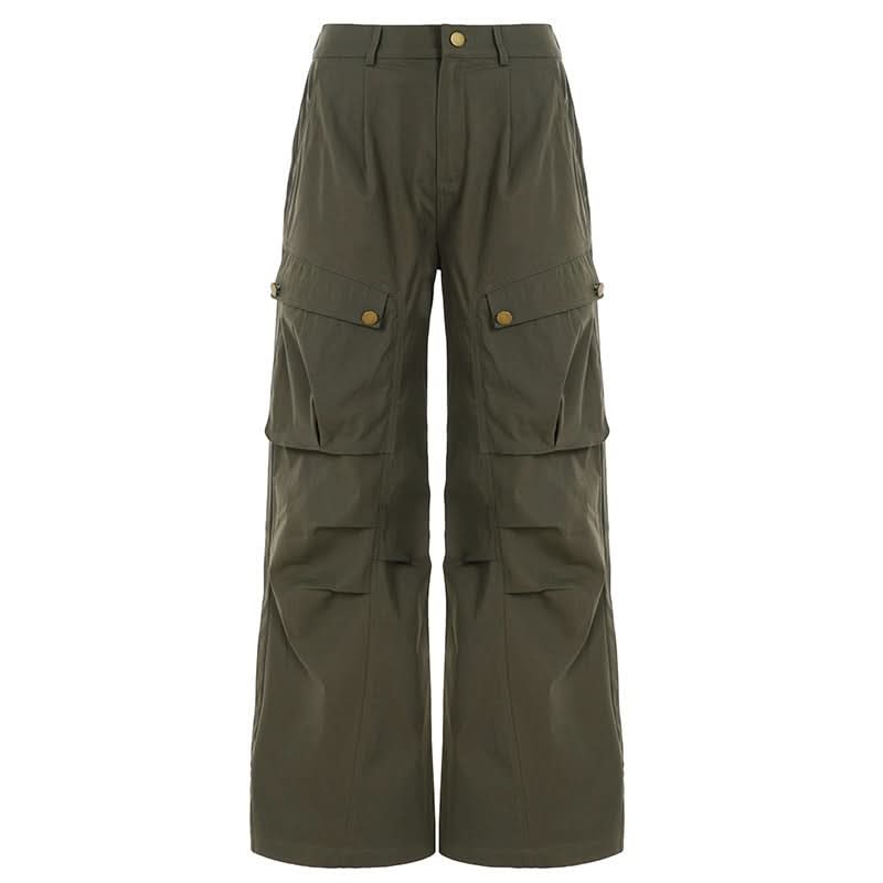 Elevated Olive Green Wide-Leg Cargo Pants - Pleated Utility for Fall Fashion