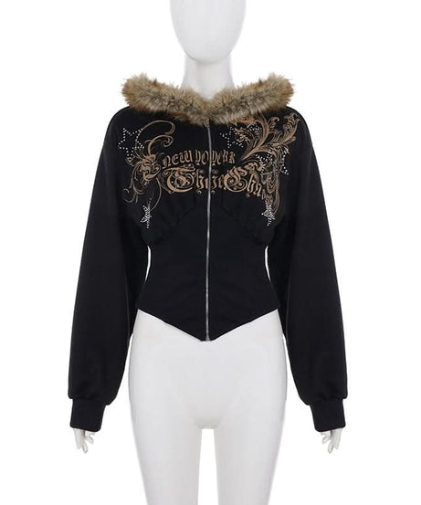 Y2K New Yorker Faux Fur Zip Hoodie - Embellished Corset Waist Grunge Fall Jacket for Women