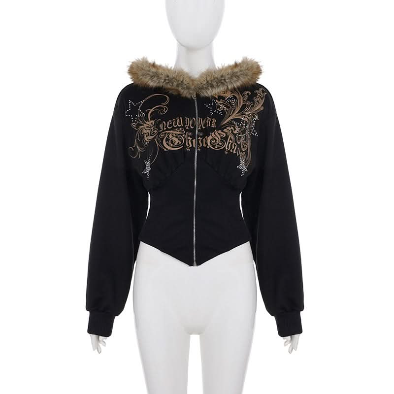 Y2K New Yorker Faux Fur Zip Hoodie - Embellished Corset Waist Grunge Fall Jacket for Women