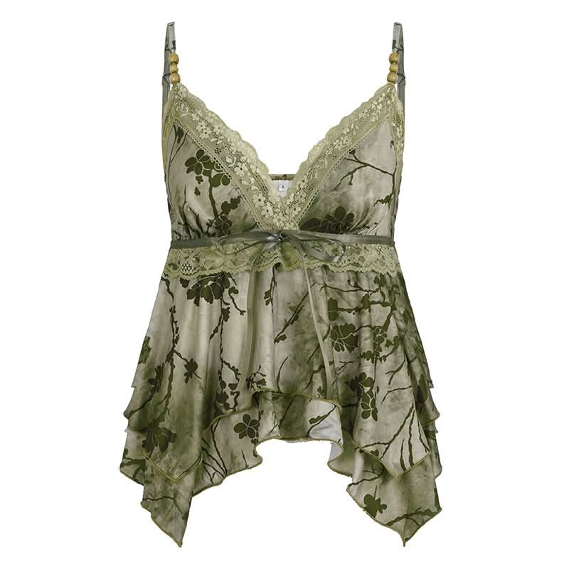 Enchanted Woodland Floral Cami Top - Chic Lace V-Neck & Beaded Straps for Fall
