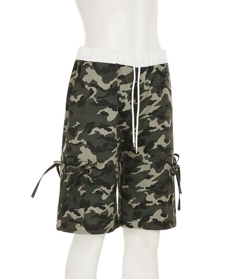 Women's Urban Camo Cargo Shorts | Chic Drawstring Bermuda with Tie Pockets for Fall