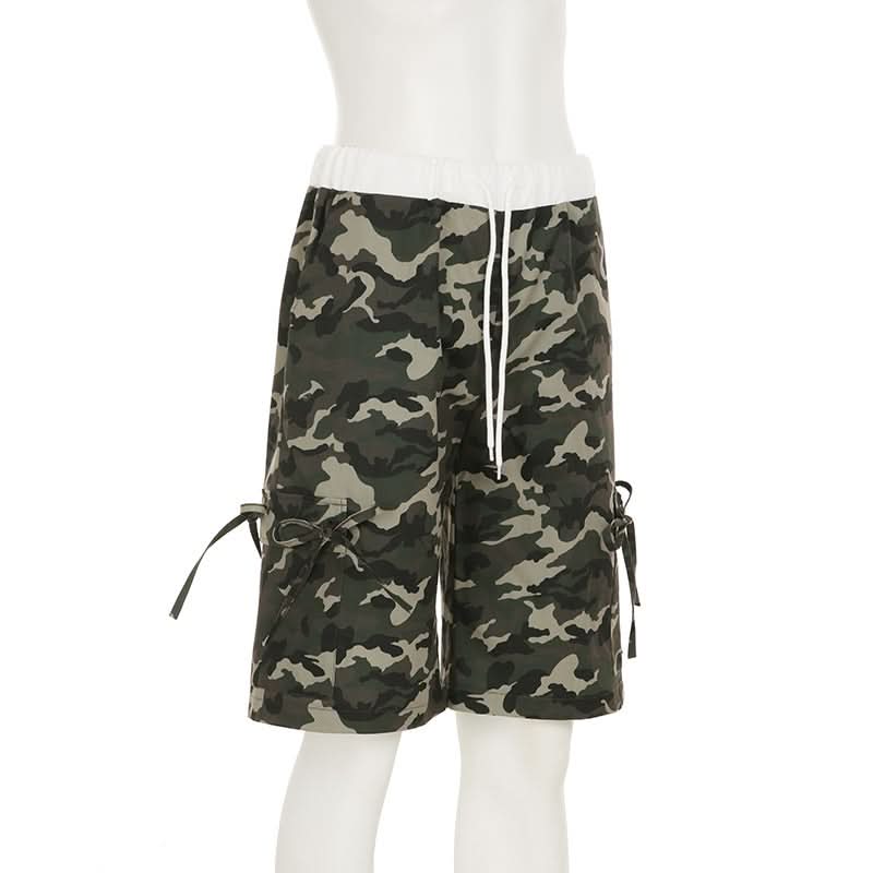 Women's Urban Camo Cargo Shorts | Chic Drawstring Bermuda with Tie Pockets for Fall