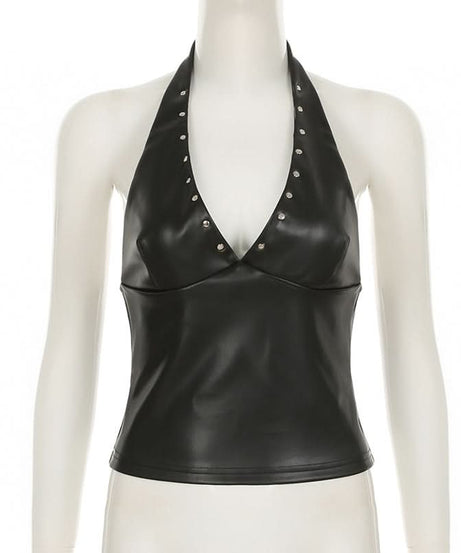Fall's Hottest Edge: Studded Faux Leather Halter V-Neck Top