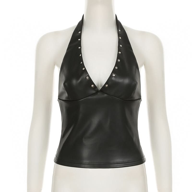 Fall's Hottest Edge: Studded Faux Leather Halter V-Neck Top