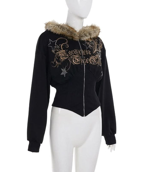 Y2K New Yorker Faux Fur Zip Hoodie - Embellished Corset Waist Grunge Fall Jacket for Women