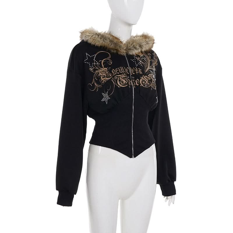 Y2K New Yorker Faux Fur Zip Hoodie - Embellished Corset Waist Grunge Fall Jacket for Women