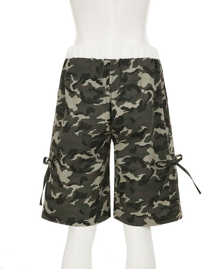 Women's Urban Camo Cargo Shorts | Chic Drawstring Bermuda with Tie Pockets for Fall