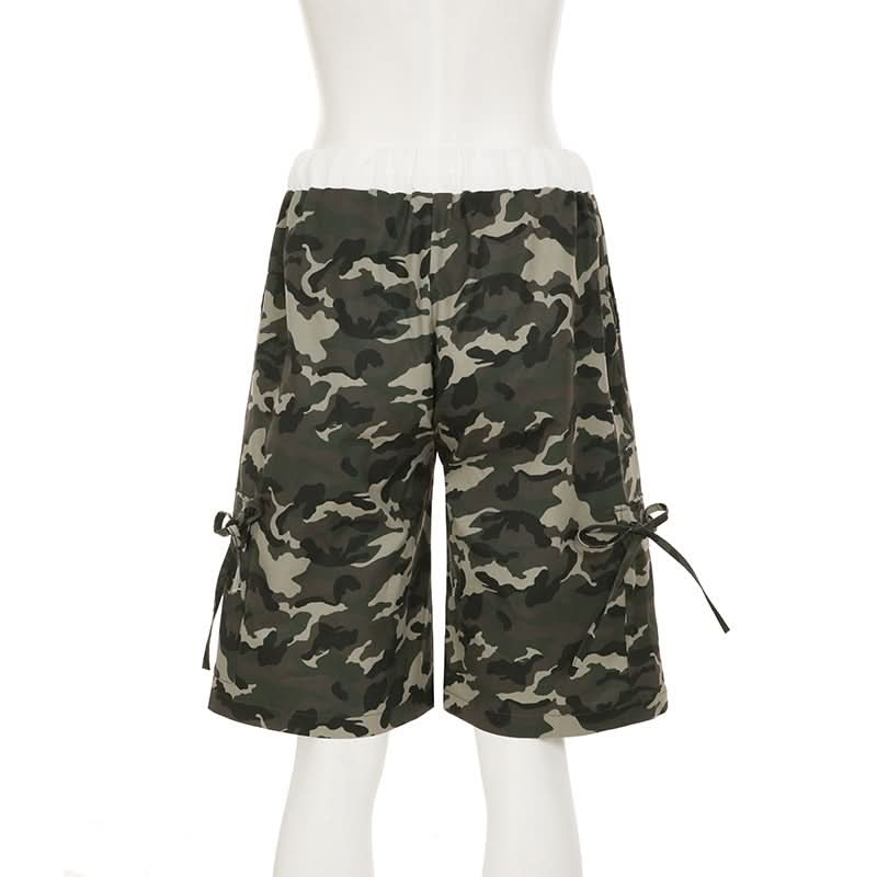 Women's Urban Camo Cargo Shorts | Chic Drawstring Bermuda with Tie Pockets for Fall