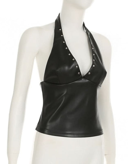 Fall's Hottest Edge: Studded Faux Leather Halter V-Neck Top