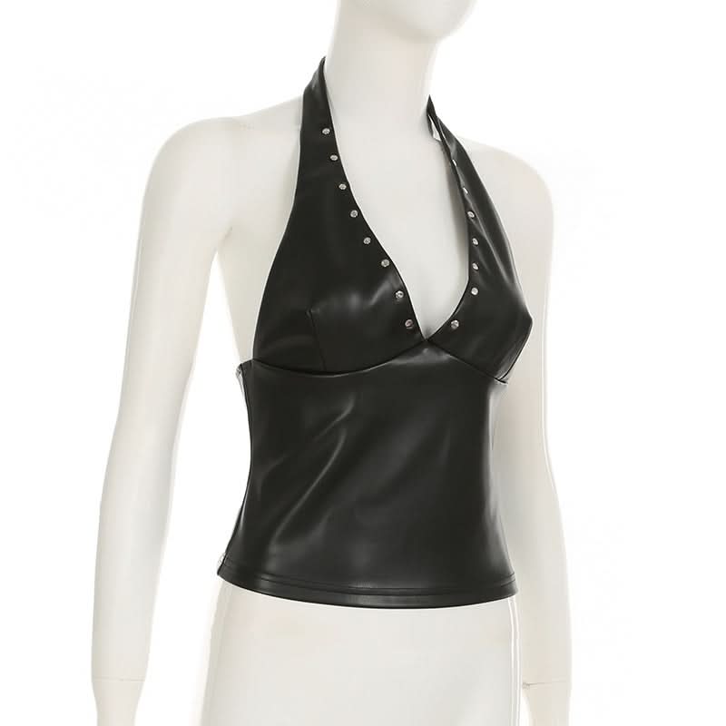 Fall's Hottest Edge: Studded Faux Leather Halter V-Neck Top