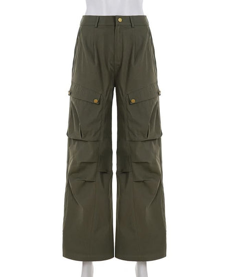Elevated Olive Green Wide-Leg Cargo Pants - Pleated Utility for Fall Fashion