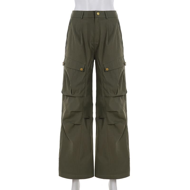 Elevated Olive Green Wide-Leg Cargo Pants - Pleated Utility for Fall Fashion