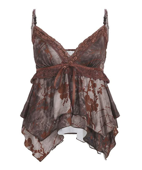 Enchanted Woodland Floral Cami Top - Chic Lace V-Neck & Beaded Straps for Fall
