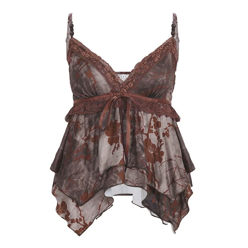 Enchanted Woodland Floral Cami Top - Chic Lace V-Neck & Beaded Straps for Fall
