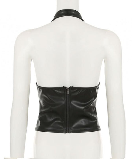 Fall's Hottest Edge: Studded Faux Leather Halter V-Neck Top