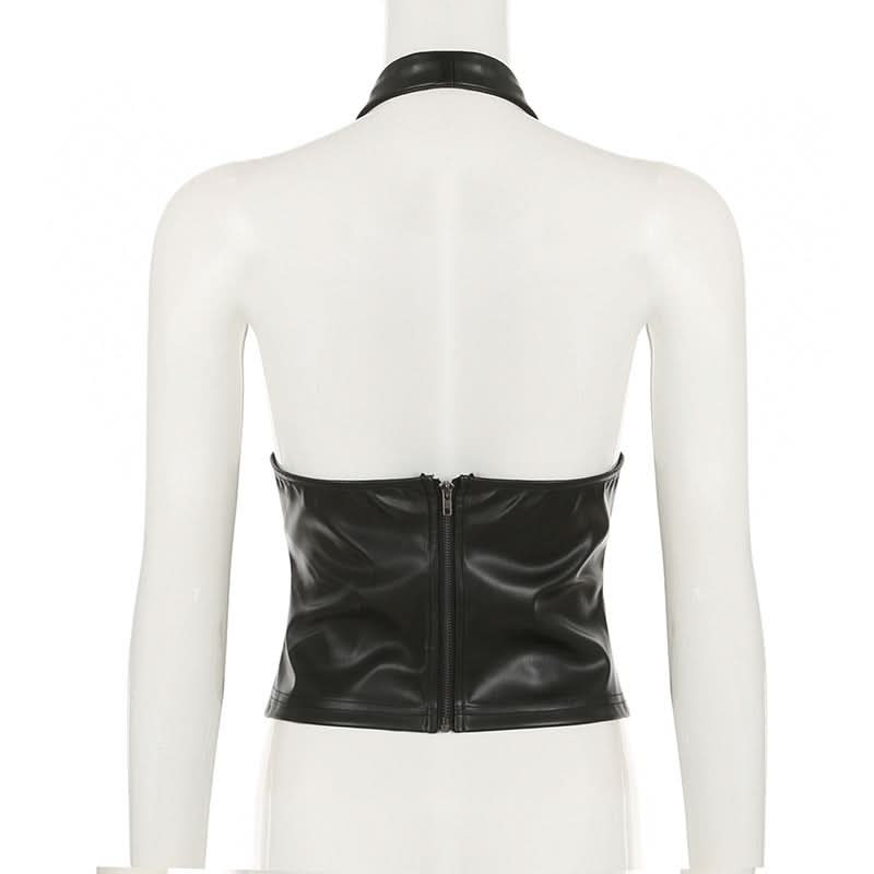 Fall's Hottest Edge: Studded Faux Leather Halter V-Neck Top