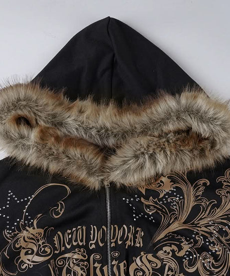 Y2K New Yorker Faux Fur Zip Hoodie - Embellished Corset Waist Grunge Fall Jacket for Women