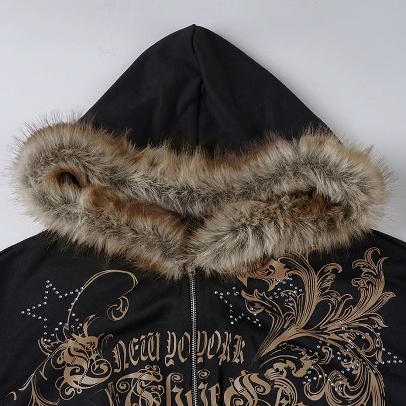 Y2K New Yorker Faux Fur Zip Hoodie - Embellished Corset Waist Grunge Fall Jacket for Women