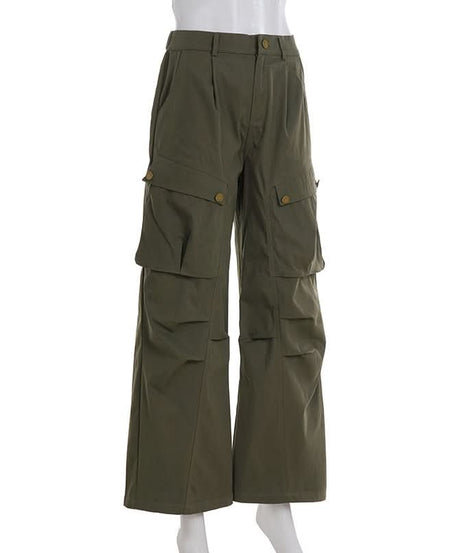 Elevated Olive Green Wide-Leg Cargo Pants - Pleated Utility for Fall Fashion