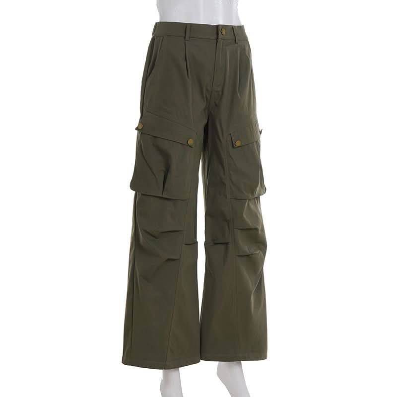 Elevated Olive Green Wide-Leg Cargo Pants - Pleated Utility for Fall Fashion