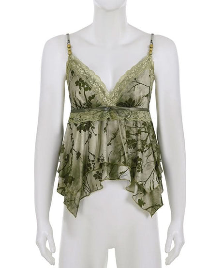 Enchanted Woodland Floral Cami Top - Chic Lace V-Neck & Beaded Straps for Fall