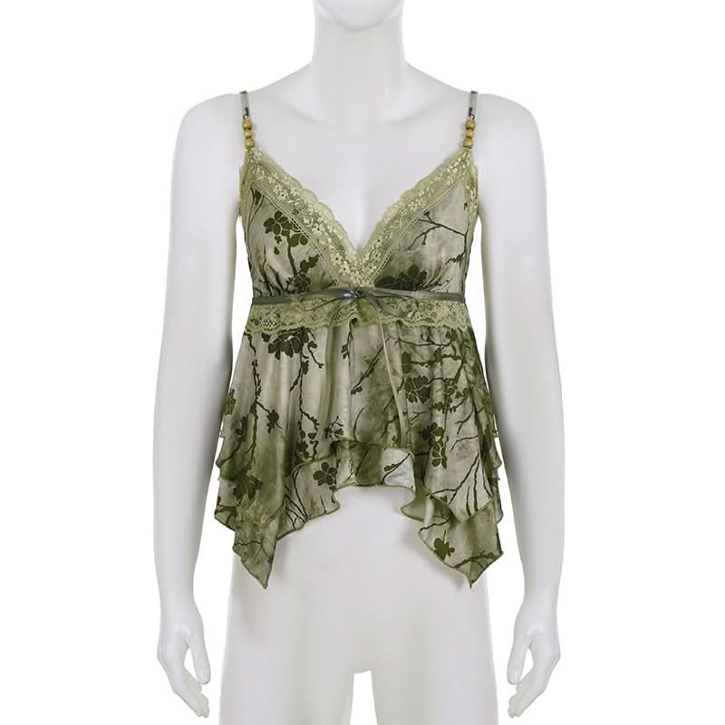 Enchanted Woodland Floral Cami Top - Chic Lace V-Neck & Beaded Straps for Fall