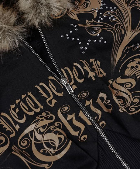 Y2K New Yorker Faux Fur Zip Hoodie - Embellished Corset Waist Grunge Fall Jacket for Women