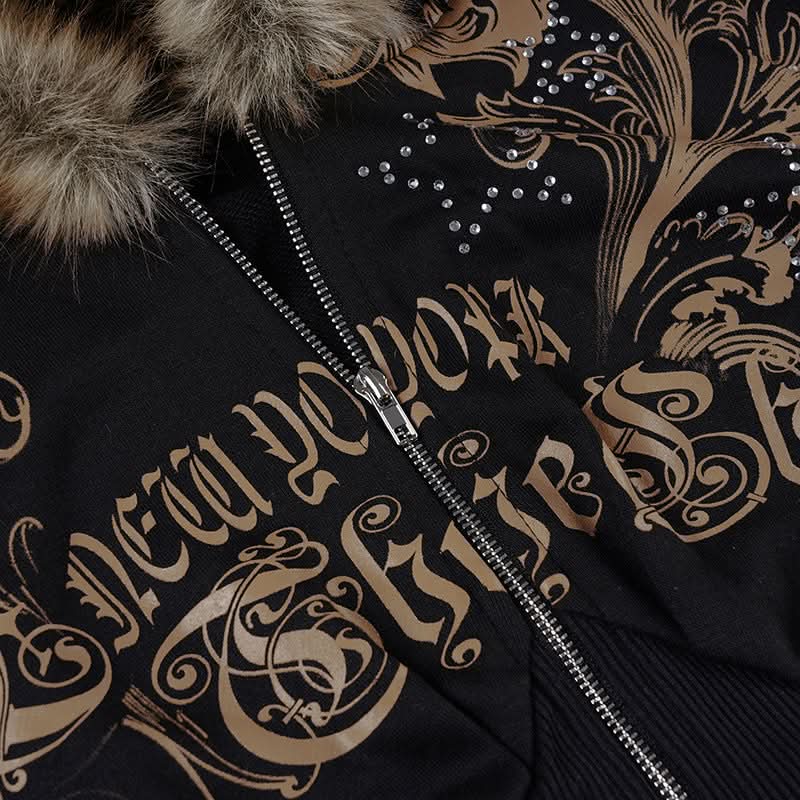 Y2K New Yorker Faux Fur Zip Hoodie - Embellished Corset Waist Grunge Fall Jacket for Women