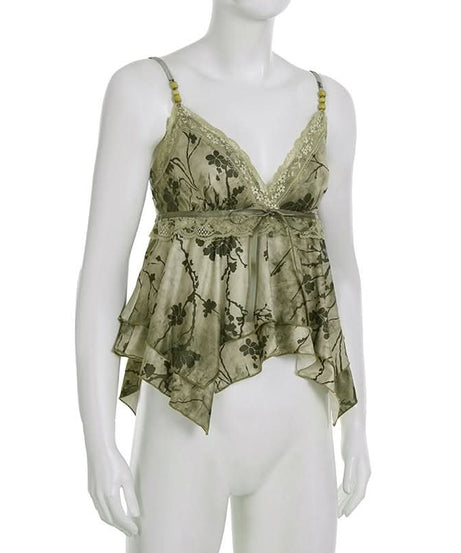 Enchanted Woodland Floral Cami Top - Chic Lace V-Neck & Beaded Straps for Fall