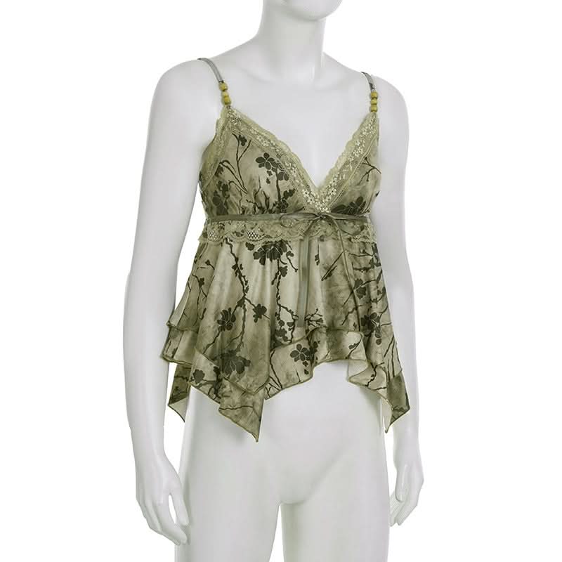 Enchanted Woodland Floral Cami Top - Chic Lace V-Neck & Beaded Straps for Fall