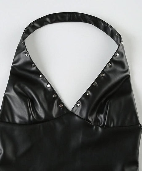 Fall's Hottest Edge: Studded Faux Leather Halter V-Neck Top