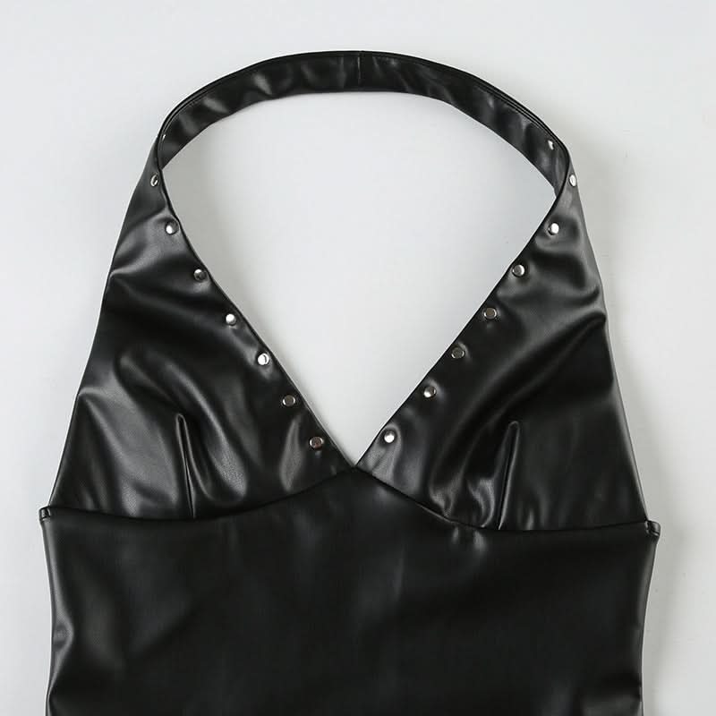 Fall's Hottest Edge: Studded Faux Leather Halter V-Neck Top