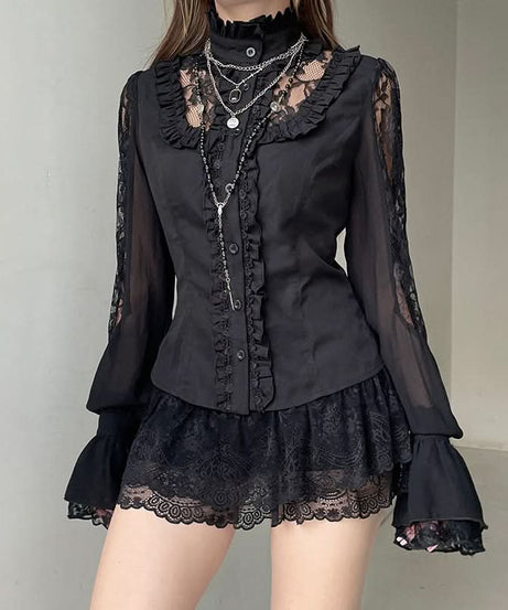 Enchanted Noir Ruffle Lace Blouse - Victorian Goth Chic Top for Fall & Halloween