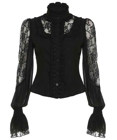 Enchanted Noir Ruffle Lace Blouse - Victorian Goth Chic Top for Fall & Halloween