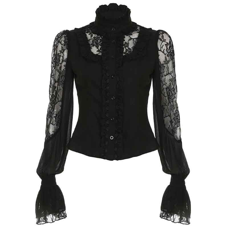 Enchanted Noir Ruffle Lace Blouse - Victorian Goth Chic Top for Fall & Halloween