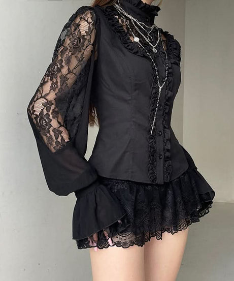 Enchanted Noir Ruffle Lace Blouse - Victorian Goth Chic Top for Fall & Halloween