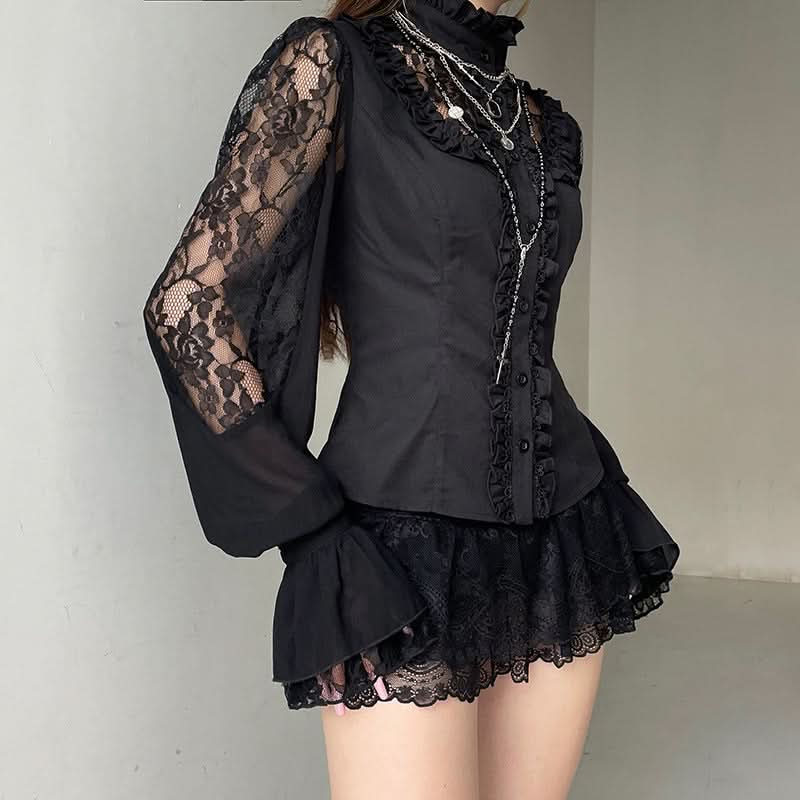 Enchanted Noir Ruffle Lace Blouse - Victorian Goth Chic Top for Fall & Halloween