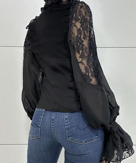 Enchanted Noir Ruffle Lace Blouse - Victorian Goth Chic Top for Fall & Halloween