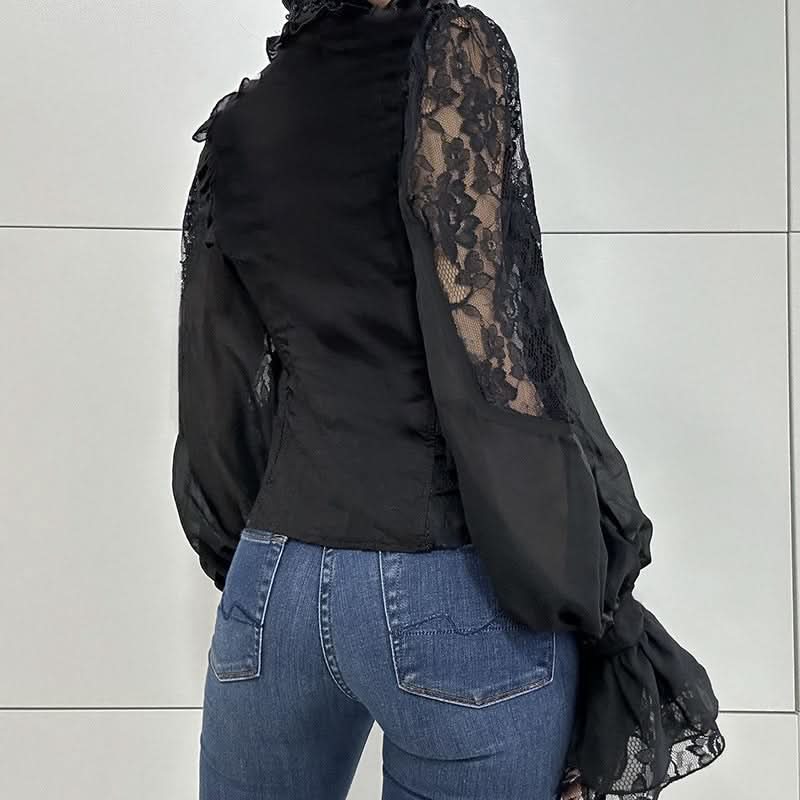 Enchanted Noir Ruffle Lace Blouse - Victorian Goth Chic Top for Fall & Halloween
