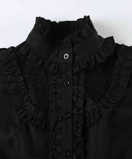 Enchanted Noir Ruffle Lace Blouse - Victorian Goth Chic Top for Fall & Halloween